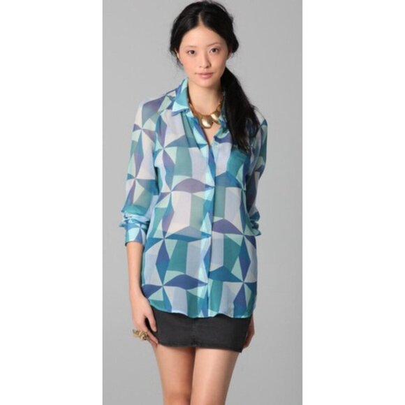 Equipment Femme Geometric Print SILK Long Sleeve Button-Up Blouse Women's XS - Picture 1 of 9